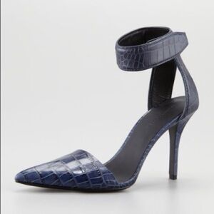 ALEXANDER WANG Liya Crocodile Navy Pointed Toe Heels Ankle Velcro Strap Sz 7.5